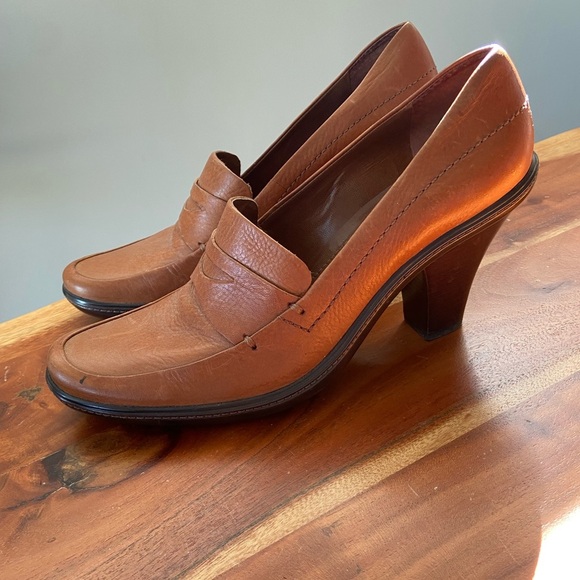 Franco Sarto Cognac Brown Leather Almond Toe European Chunky Heeled Loafer - Picture 1 of 5